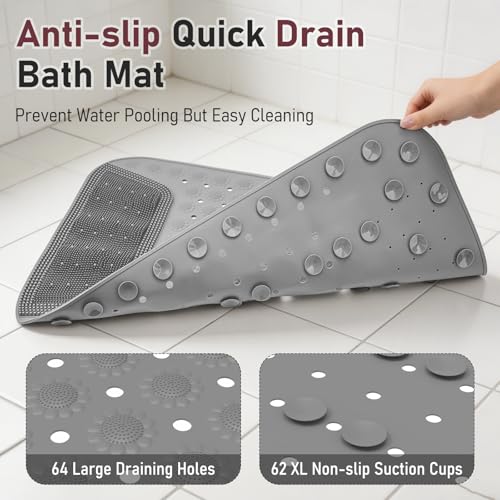 Shower Mat Bath Tub Bathtub Mat with Suction Cups Wide 29x19, Silicone Non Slip Shower Mats for Elderly Inside Shower, Shower Mat Foot Scrubber for Massage Bristles Scrub Feet with Drain Holes Grey - image 3