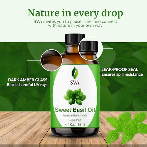 Image of SVA Sweet Basil Essential Oil, Glass Bottle with Dropper, 4 Fl Oz (118 ml) | Sweet Basil Essential Oil for Diffuser, Hair Care, Skin Care, Massage, Soap Making, Perfume Making, Fragrance & DIY Blending