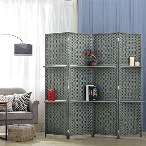 Mygift 6-Foot Gray Bamboo Woven 4-Panel Room Divider With 2 Shelves #TOP1