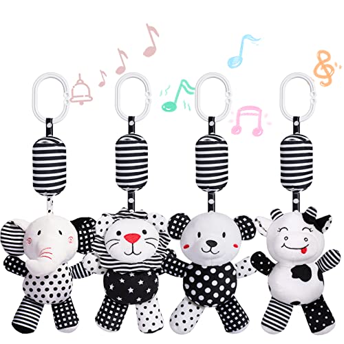 Image of Feneya Baby Hanging Rattle Toys, 4pcs Soft Cartoon Animals Plush Toys with Sound, Hanging Toys of Infant Stroller Crib Car Seat, Gifts for Newborn Baby Infant Boys Girls 0-18 Months (Set of 4)