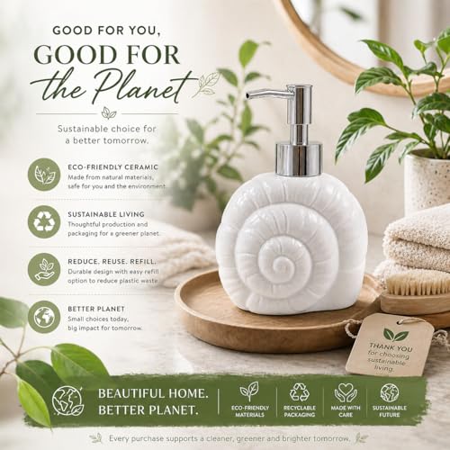 Image of Whizzo Ceramic Shell Shaped Liquid Soap Dispenser with Chrome Pump | Elegant Bathroom & Kitchen Accessory | White Glossy Finish | Refillable Handwash Lotion Bottle (420ML, LD-212, Design3)