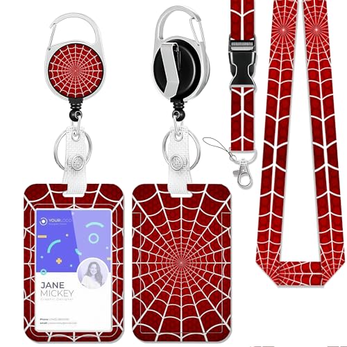 Halloween Spider Web ID Badge Holder with Lanyard,Red Cobweb Lanyards for ID Badges,Retractable Badge Reel Heavy Duty,Vertical ID Card Protector Case for Women Teacher Office Gifts