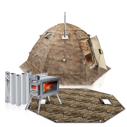 Rbm Outdoors Hot Tent with Stove, Easy Setup 4 Season Winter Tents for Camping, Cold Weather Wall, Double Layer Waterproof Shelter UP5+Stove+Floor