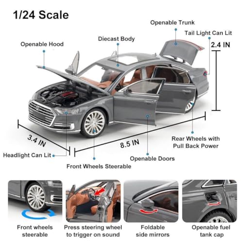 Image of Audi A8 1:24 Model Toy Car with Box, Zinc Alloy Pull Back Toy car with Sound and Light for Kids Boy Girl Gift [Colors as Per Stock]