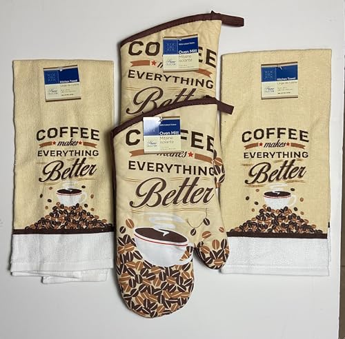 Generic Home Collection Set of 2 Dish Towels and 2 Oven Mitts (Coffee Makes Everything Better), Brown