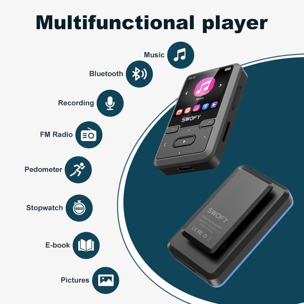 SWOFY Lettore MP3 Bluetooth 5.0 con clip sportiva, mini lettore musicale portatile da 32 GB, con cuffie, radio FM, contapassi, registrazione vocale, supporta scheda SD fino a 128 GB (nero)
