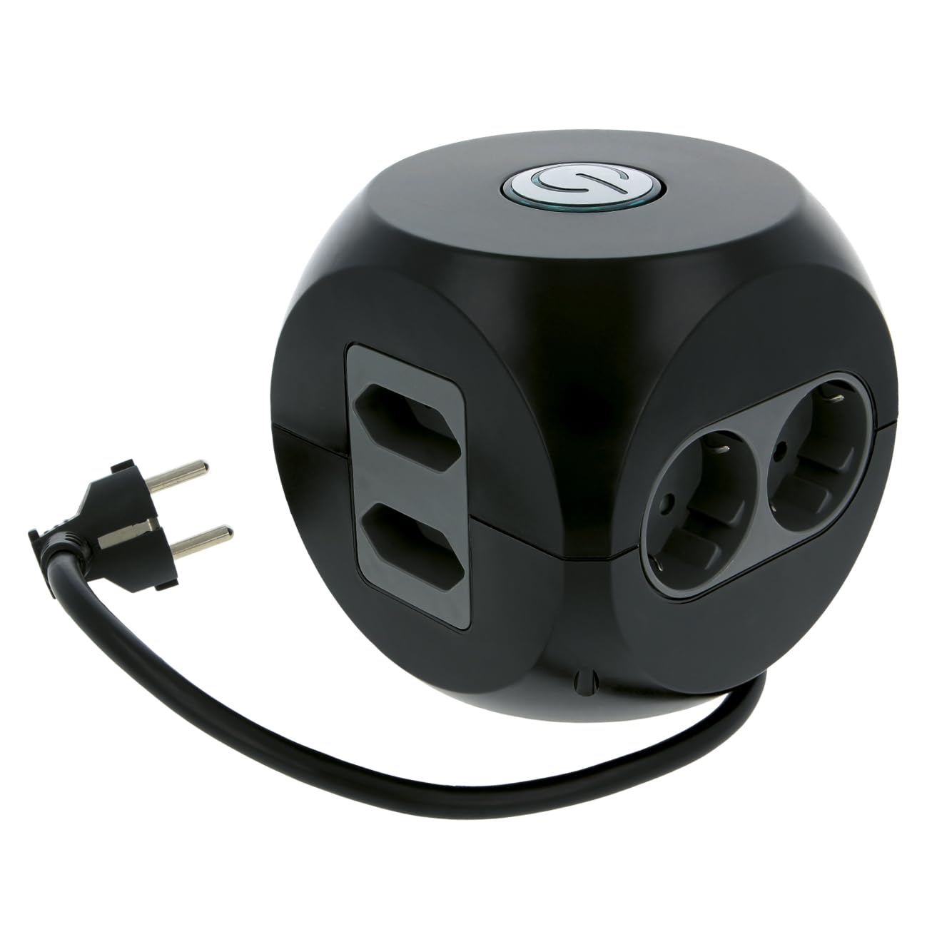 Amig - Base multipla da tavolo con interruttore Mod.5540 con 6 prese + 2 prese USB, multipla a forma di cubo con protezione da sovratensione, dimensioni: 12 x 12 x 12 cm, tensione massima: 250 V, nero