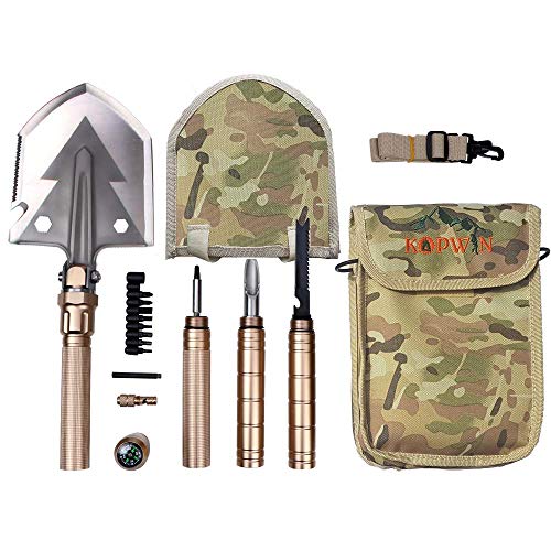 Kopwin Folding Shovel and Camping Multitool Survival Shovel Heavy Duty Blade. Portable and Lightweight Military Grade Camp Shovel and Entrenching Tool for Hiking, Snow, Backpacking, and Car Safety.