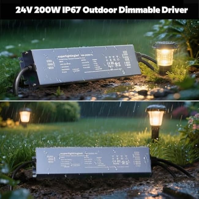 DC24V 200W UL-Listed 0/1-10V and TRIAC Waterproof IP67 Dimmable Power Supply for IP68 Dimming LED Strip Lights, Outdoor Pool 24V LED Underwater, Wash Wall, Use in Water or Soil