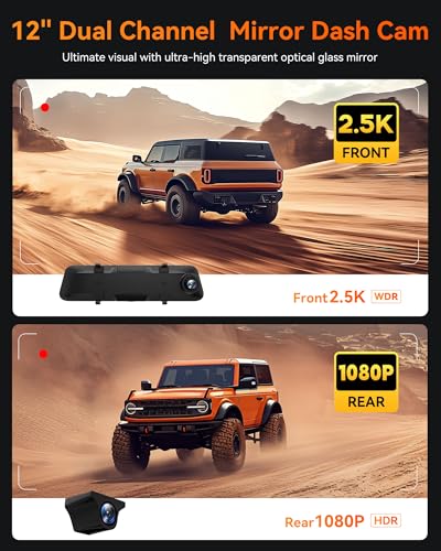 Image of WOLFBOX G840H 12'' Mirror Dash Cam with ADAS and BSD, 2.5K Rear View Mirror Camera Front and Rear, 5.8GHz WiFi, Voice Control, Parking Monitor, Included GPS, Loop Recording (SD Card Not Included)