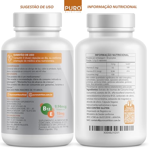 Cúrcuma em Cápsulas Puro Nutrition com Vitamina B12 + Vitamina E, 130mg Cúrcuma Longa por Porção, 60