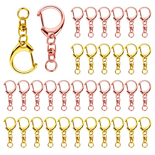 Roctee 70 Pcs Key Chain Rings for Crafts, D Snap Clip Key Ring with Chain DIY, Alloy Metal Keychain Parts with Hook and Jump Ring (Rose Gold+Gold)