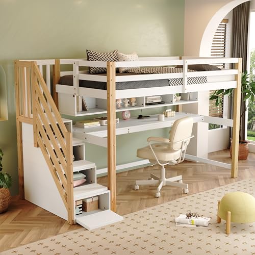 Kayan Etagenbett Kinderbett 90x200cm, Hochbett mit Stauraumtreppe, Schreibtisch und Regalen, Kinderbett mit Rausfallschutz und Lattenrost, aus Kiefernholz, Natürlich und Weiß