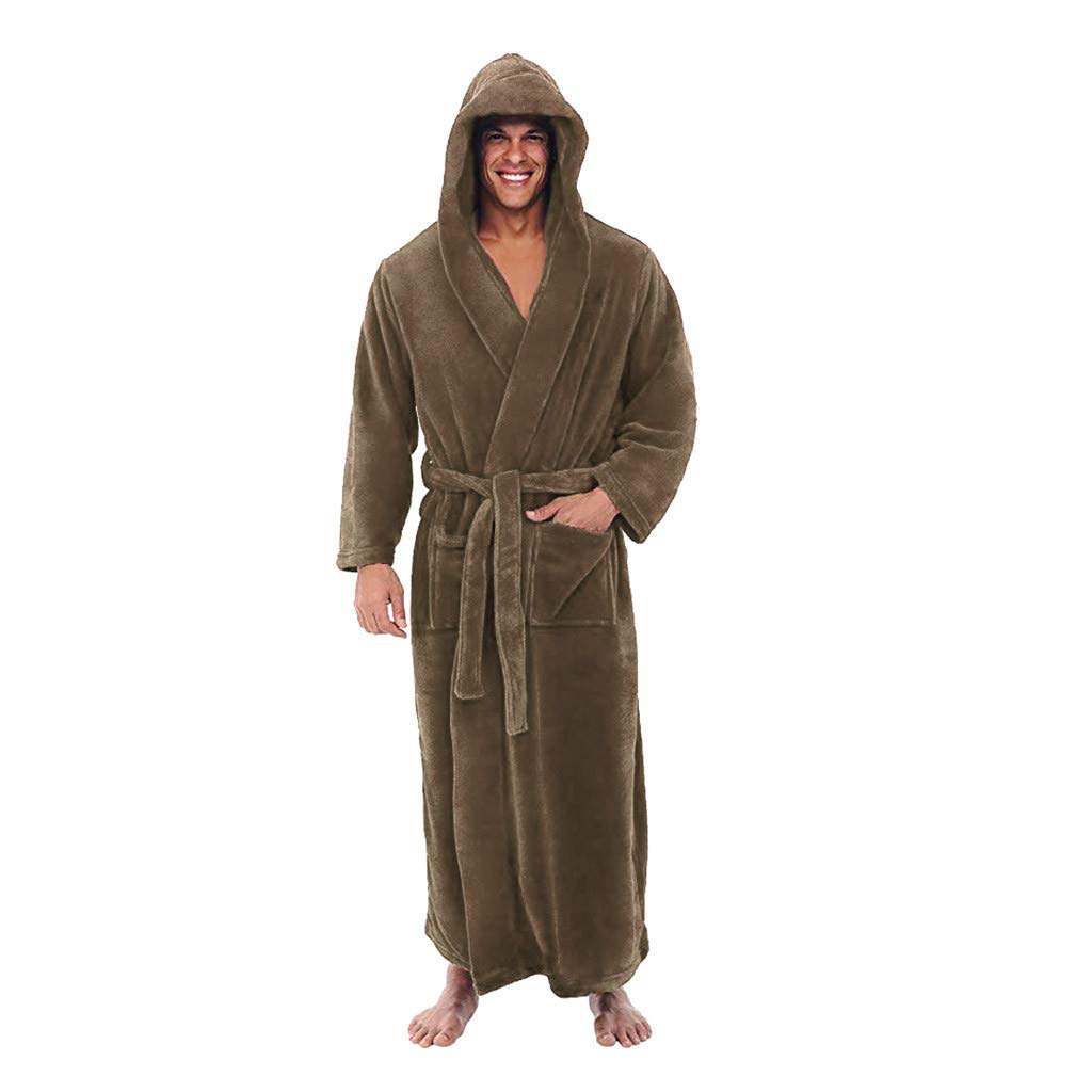 Men Winter Night Robe, Male Solid Long Sleeve Plush Lengthened Bathrobe with Belt Pajama Set