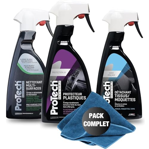 ProTechMC | Kit Nettoyage Voiture Interieur | Nettoyant Multi-Surfaces | Protecteur Plastiques | Détachant Tissus et Moquettes | 3×500 ML | Inclut Microfibre 40×40 cm | Made in France