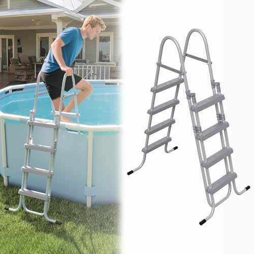 UISEBRT Poolleiter mit 4 Stufen,Pooltreppe für Aufstellpool Höhe bis zu 130 cm,Sicherheitsleiter Metall,Schwimmbadleiter Wendbar bis 150KG Tragfähigkeit, Grau