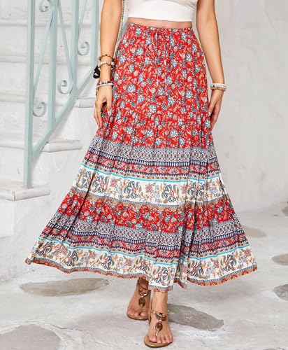 Womens Summer Casual Floral Print Midi Skirt 2025 Boho Elastic Waist Tiered A Line Flowy Swing Beach Vacation Skirts2