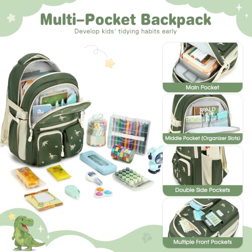 Image of DIGOBAY Backpack for Boys 6-8, 3PCS Embroidery Toddler Boys Backpack with Lunch Bag Pencil Case, 15.7 inch Kids School Bookbag for Preschool Kindergarten Elementary Daycare Backpacks, Green Dinosaur