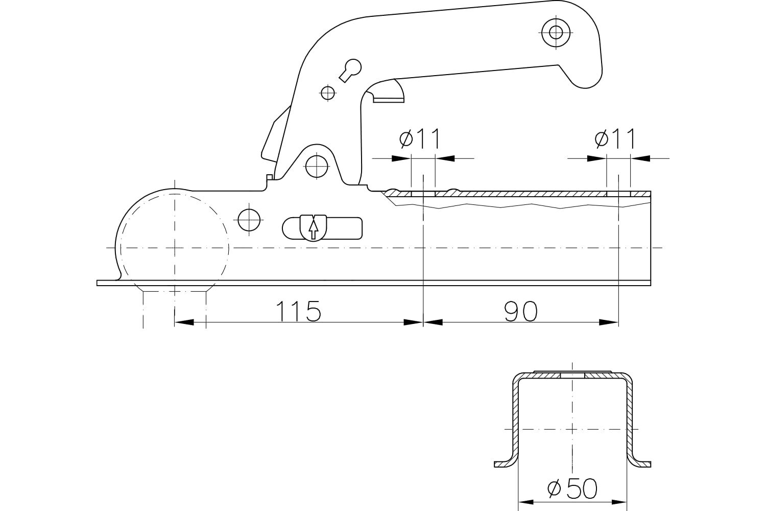 WINTERHOFF Kugelkupplung WW 8-E+HAL für Anhänger bis 800 kg, Vierkantdeichsel 50 mm, Stützlast 75 kg, Lochabstand 90 mm, Ø11 mm, mit Steckdosenhalter, Verschleißanzeige, verzinkt