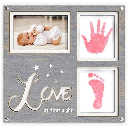Image of 1Dino Premium Baby Handprint and Footprint Kit - 12.6” x 12.2" White/Grey Wood Picture Frame - Includes 2X Clean Touch Ink Pad Pink for Baby Hand and Footprints - Registry for Baby, Baby Shower Gifts