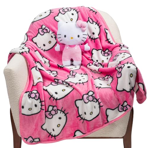 Hello Kitty Plush Mini Pillow Buddy & 46 x 60 Inch Travel Throw Set - Kids Super Soft 2 Piece Blanket Set