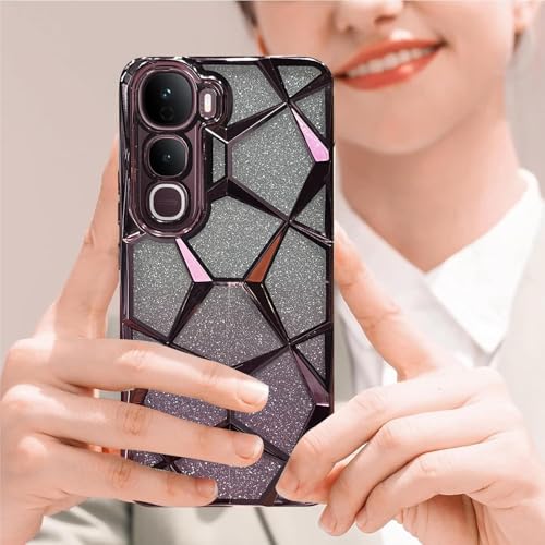 Image of VONZEE Gradient Glitter Case for VIVO Y400, Luxury Electroplated 3D Cube, Diamond Bling Shiny Soft TPU Clear Shockproof Women Girls Protective Phone Cover (Rose Gold)