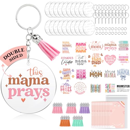 Image of YOPPIX 140 PCS Acrylic Keychain Blank Set, Mama Double-Sided UV DTF Stickers Acrylic Keychain Making Kits for Vinyl DIY Craft Project