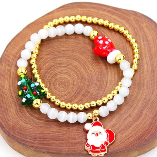 Image of 2 Christmas Couple Bracelets, Santa /Christmas Starfish /Christmas Tree Charm and 4mm Brass Beaded Stretch Bracelet for New Year Gifts for Family and Friends