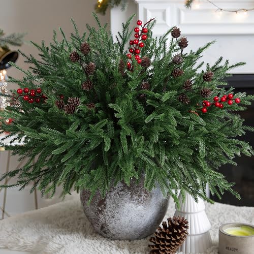 Artificial Christmas Norfolk Pine Stems Branches for Vases,17 Bundles Faux