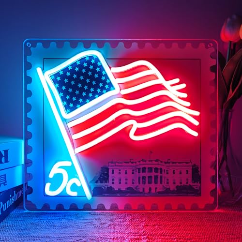 American Flag 5c Stamp Neon Sign Patriotic Vintage LED Wall Art Unique USB Powered Light with In-line Switch US Decor for Bedroom Study Office Living Room Gift