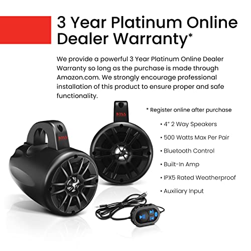 Image of BOSS Audio Systems BM40AMPBT ATV UTV Waketower Speaker System - Bluetooth, 500 Watts of Power Per Pair, 4 Inch Woofer, Full Range, 2 Way, Marine Grade, Weatherproof, Sold in Pairs