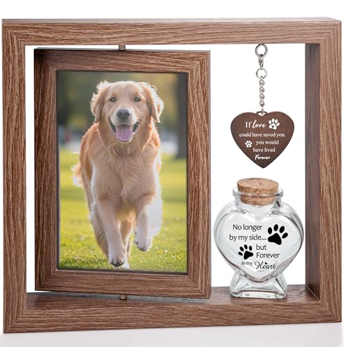 Pet Loss Gift with Memorial Fur Bottle & Rotating Picture Frame - Custom Engraved Memorial Photo Frame for 4x6 Photo In Loving Memory of Pets Sympathy Gift (Brown)