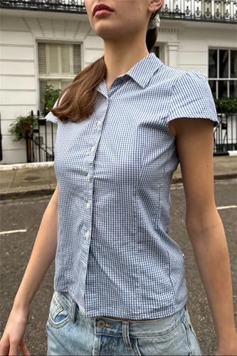 Image of Y2k Girls Vintage Coquette Button Down Shirt Women Short Sleeve V-Neck Slim Fitted T-Shirt Cute Blouse Crop Top