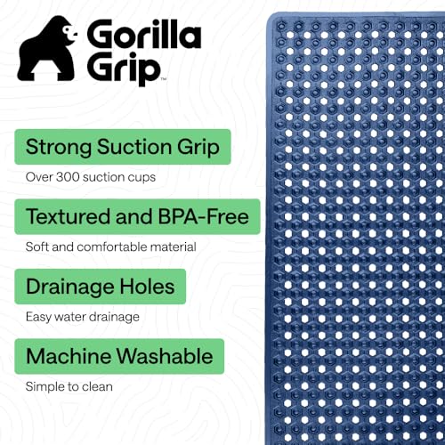 Image of GORILLA GRIP Patented Bath Tub Shower Mat, Machine Washable Bathtub Floor Liner Mats, Suction Cups and Drain Holes to Keep Tubs Clean, Soft on Feet, Bathroom Essentials, 35x16 Inch, Clear Navy