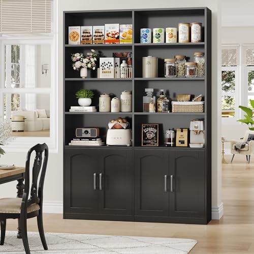 Bookshelf and Bookcase with Doors, 6 Tier Double Wide Large Bookshelves, Open Display Shelves, 73'' Tall Bookshelf with Storage Cabinets for Home Office, Living Room, Library, Black - Image 3