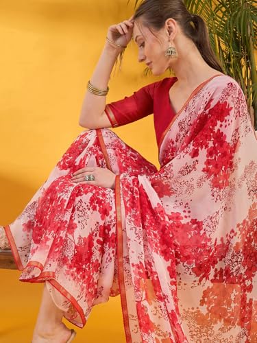 Image of SIRIL Women's Printed Chiffon Saree with Unstitched Blouse Piece