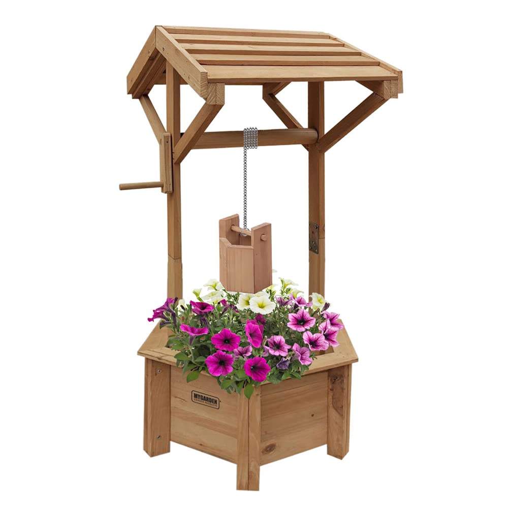 Vivo Technologies Wooden Wishing Well Planter, Garden Feature Outdoor Flower Pot Backyard Decor, Natural
