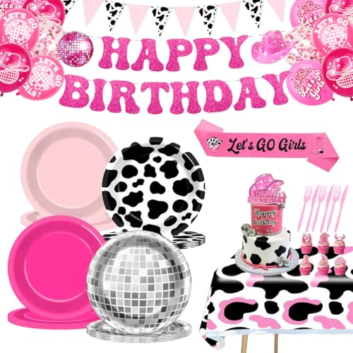 104 Pcs Cowgirl Birthday Party Decorations, Western Birthday Party Decorations Include Cowboy Print Tablecloth, Disco Ball Plate, Banner and Balloons, Suitable for Cowgirl Party