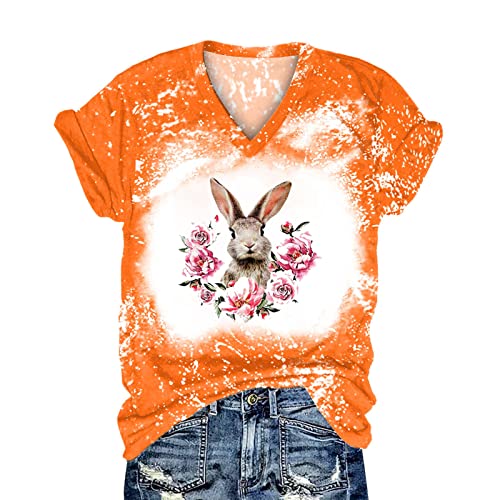Tuianres Womens Tshirts V Neck Easter Tie-Dye Gradient Tops Cute Bunny Shirt Loose Fit Soft Casual Short Sleeve Graphic Tees #TOP3