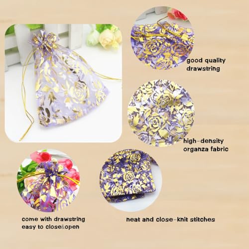 Image of QIANHAILIZZ 100 pcs 3.5 x 4.7 Inch Flower Heart Organza Jewelry Gift Pouch Candy Pouch Drawstring Wedding Favor Bags X92 (lilac gold flower)