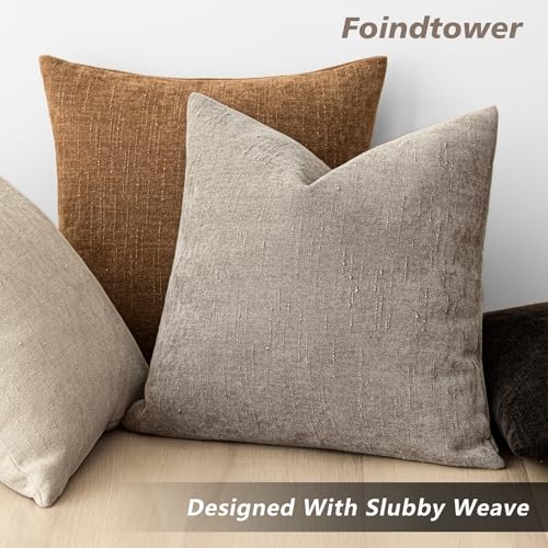 Image of Foindtower Set of 2 Soft Textured Chenille Throw Decorative Pillow Covers Square Accent Solid Cushion Cover Cozy Neutral Farmhouse Pillow Case for Couch Sofa Bedroom Living Room 26x26 Inch,Light Taupe