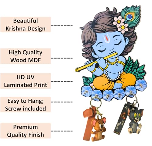 Image of Cute Krishna Wall-Mounted Key Holder, Decorative MDF Wood, 20x25 cm, 7 Hooks, Blue UV Printed Design, Decorative Wooden Key Stand - Home & Office