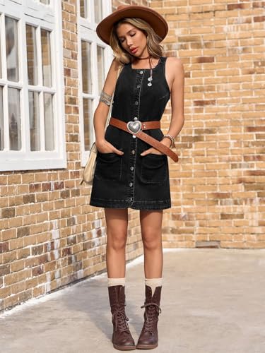 Image of Yousify Womens Casual Sleeveless Denim Overalls Dresses Button Down Summer Jean Mini Dress 2025 Trendy Romper With Pockets