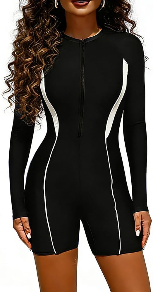 Women Rash Guard Long Sleeve Shirts Boyleg One Piece Swimsuit Surfing Bathing Suit UPF 50 Front Zip Surf Wetsuit