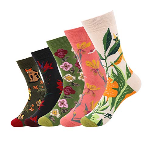 Cute Floral & Animal Funny Novelty Socks for Women Casual Dress Crew Socks Size 6-9 (5 Pairs)