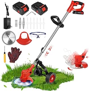 Weed Wacker Cordless Edger Trimmer Battery Powered 21V 2000mAh, Electric Weed Eater Brush Cutter, 3-IN-1 Lawn Edger Grass Trimmer Height Adjustable Mini-Mower, 8 Blades, 1 Wheel, 2 Batteries,1 Charger