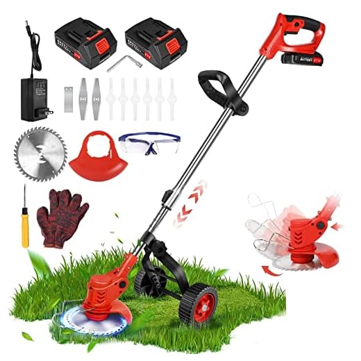Weed Wacker Cordless Edger Trimmer Battery Powered 21V 2000mAh, Electric Weed Eater Brush Cutter, 3-IN-1 Lawn Edger Grass Trimmer Height Adjustable Mini-Mower, 8 Blades, 1 Wheel, 2 Batteries,1 Charger