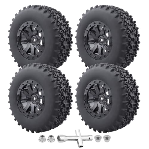 Image of Pre-Glued 1 /10 RC Short Course Truck Wheels and Tires Combo 12mm Hex - Compatible with Traxxas Slash 4X4 BL-2S, Losi Tenacity, Redcat Blackout(Set of 4)
