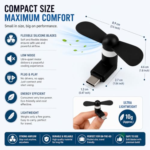 Image of USB Type-C Mini Fan Pack of 6 (OTG Required) | Portable USB-C Cooling Fan for Android Smartphones | Flexible Plug & Play Personal Fan | Compact Pocket Travel Gadget | Black