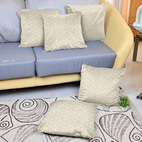 Image of Divine Casa Pluto Cushion Covers Set of 5 Cream | 16x16 Inch Jacquard Patchwork Design Decorative Cushion Covers | Throw Pillow Covers for Home Decor